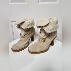 Ivory and Brown suede leather winter high heel boots